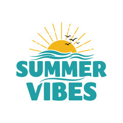 Summer vibes text with sun and waves illustration beach holiday graphic