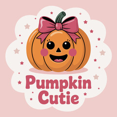 Pumpkin cutie pastel vector, smiling pumpkin character with big bow, soft background frame, cute Halloween illustration, nursery wall art, printable sticker pack
