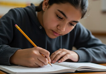 Young student diligently working on her assignment with a pencil