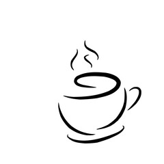 A minimlist line rawing features a stylized coffee cup emitting steam