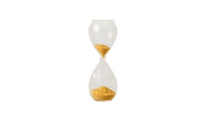 A clear hourglass with yellow sand against a black background showing the passage of time slowly