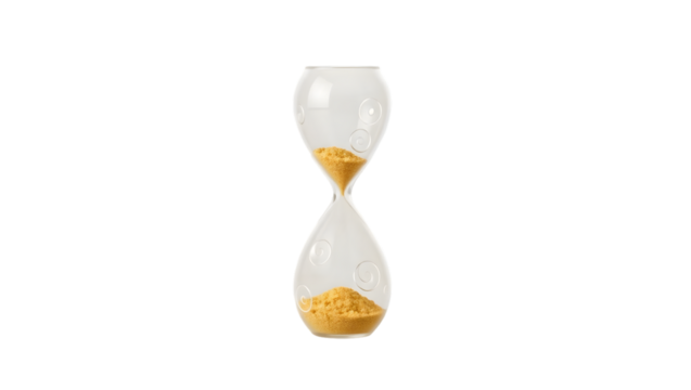 A clear hourglass with yellow sand against a black background showing the passage of time slowly