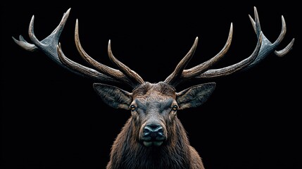 Majestic stag with expansive antlers against a stark black backdrop, gazing intently forward