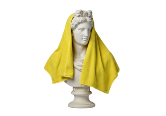 Isolated Classical Greek Bust with a Yellow Towel Draped Over Head