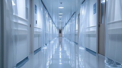 Fototapeta premium Empty Blue Hospital Corridor with Reflective Floors