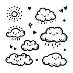Cute doodle illustration of smiling clouds sun hearts and stars elements