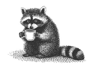 A charming raccoon enjoys a warm cup of coffee in this black and white illustration. Vintage withered woodcut linocut style engraving vector illustration.