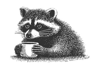 A cute raccoon enjoys a warm drink in a black and white illustration. Vintage withered woodcut linocut style engraving vector illustration. © RetroVector