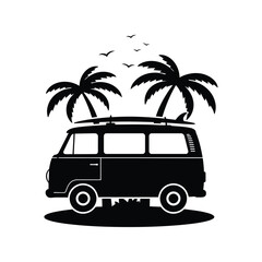 Retro van silhouette with surfboards and palm trees beach travel vector