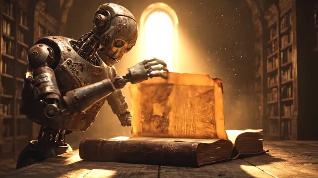 Ancient rusty robot meticulously turning pages of an old book in a mysterious vintage library with dramatic backlighting