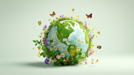 The colorful globe surrounded by lush flowers and butterflies in harmony.