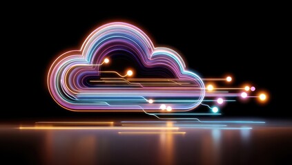 Abstract cloud graphic with glowing lines and circuit elements