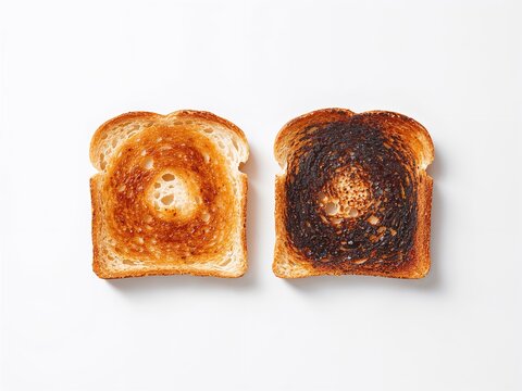 Two slices of toast on a white background, one perfectly toasted and the other burnt. A concept of perfection versus failure.