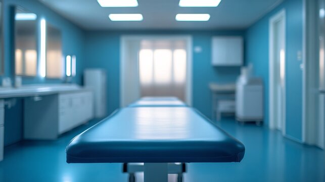 A sterile examination room with an empty gurney table