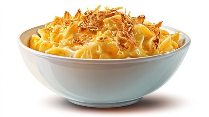 Creamy, cheesy pasta in a white bowl, topped with crispy fried onions.  A generous portion, presented against a pure white background.  Appetizing and rich in texture and color