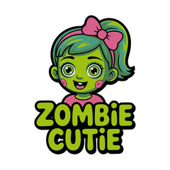 Zombie cutie kawaii girl vector, green character with pink bow, Halloween sticker, cartoon mascot, kids t shirt design, party invite, social graphic