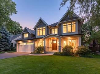 Obraz premium Elegant home at twilight, lit by warm interior light. Spacious house with modern exterior details, nestled in a landscaped yard