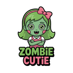 Zombie cutie chibi character, green face with blush cheeks and bow, Halloween cartoon icon, cute sticker, children design, party decoration vector