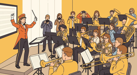 Illustrative ensemble performance with conductor and photographers capturing the moment © Supri