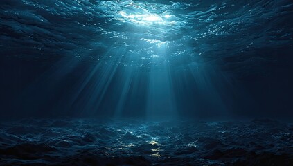 Underwater scene with sunlight rays piercing the surface