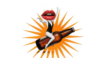 A surreal collage featuring a womans lips and body riding a beer bottle with orange sunburst rays behind, symbolizing fun and celebration, isolated on transparent background