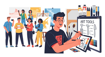 Digital artist demonstrating tablet painting to a crowd at art exhibition