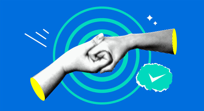 Concept of teamwork, cooperation, trust. Two hands clasped together. Handshake. Making a deal. Merger of companies. Modern collage. Connection between two people. Conclusion of alliance