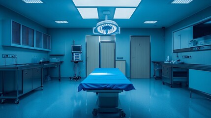 medical room texture of blue disposable sheet, directional overhead lighting, professional healthcare setting