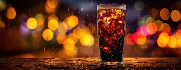 The Glass of Cola Shimmering Under Neon Night Lights With Ice