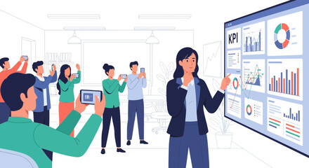 Data presentation with businesswoman presenting KPIs, captured by audience on devices