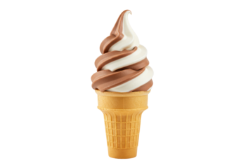 Isolated Chocolate and Vanilla Swirl Soft Serve Ice Cream in a Waffle Cone