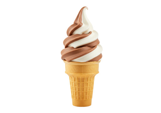 Isolated Chocolate and Vanilla Swirl Soft Serve Ice Cream in a Waffle Cone