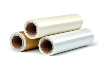 Fototapeta premium Stack of Three Different Colored Rolls of Plastic Film On White Background