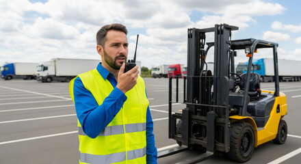 Walkie-talkie in the hand of a logistics specialist, conversation. Male worker standing near a forklift on the street in the parking lot of a freight logistics company