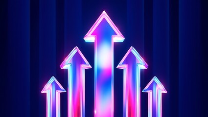 Five glowing neon arrows pointing upwards in a vibrant gradient of pink and blue against a dark background symbolizing growth progress success and ambition
