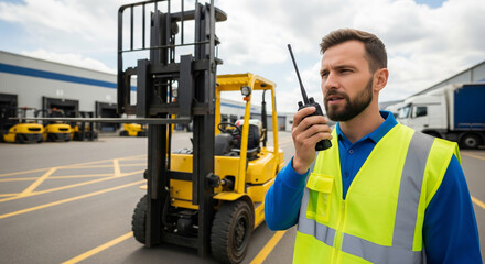 Walkie-talkie in the hand of a logistics specialist, conversation. Male worker standing near a forklift on the street in the parking lot of a freight logistics company