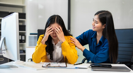 Failed work concept, sad business woman is sitting at table. Stress.
