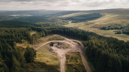 High-angle view of a valley with a network of dirt roads, a small building, and surrounding greenery