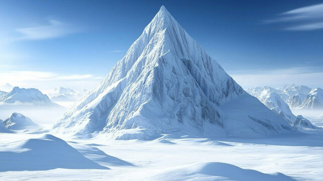 Majestic snow-capped peak dominates a vast, icy landscape under a clear blue sky