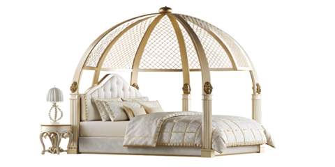 Ornate Canopy Bed with Crystal Accents and Side Table bedroom furniture isolated on a transparent background