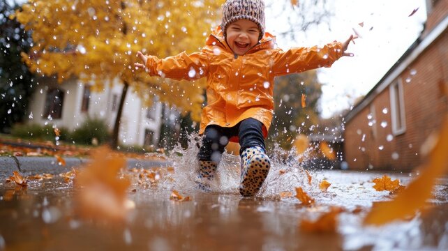 A cheerful child leaps through puddles wearing an orange rain jacket and patterned boots, arms wide amidst golden trees on a suburban street.