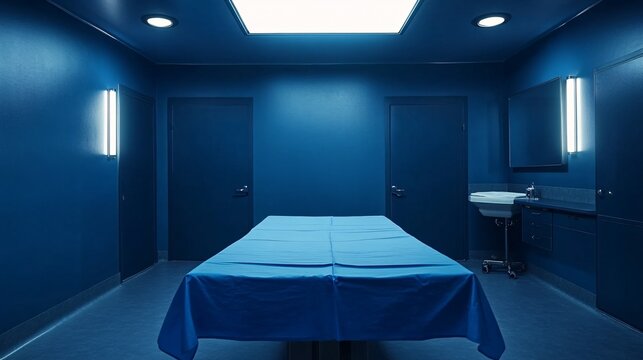 Sterile blue autopsy room with a covered examination table