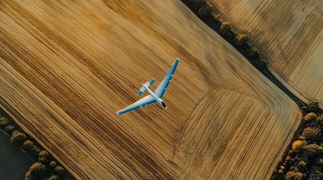 Gliding plane over golden farm fields