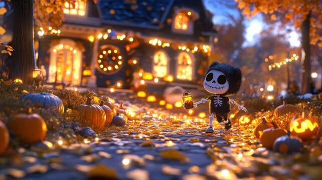 Child in cuddly skeleton costume mid-step on a leafy path to a festively decorated porch, with pumpkins and candles, creating a fairy tale atmosphere - Powered by Adobe