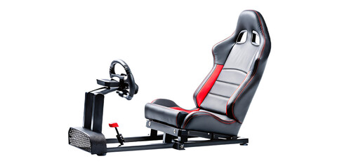 Racing Simulator Cockpit with Bucket Seat and Steering Wheel gaming chair pedals isolated on a transparent background