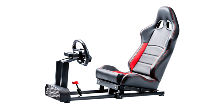 Racing Simulator Cockpit with Bucket Seat and Steering Wheel gaming chair pedals isolated on a transparent background