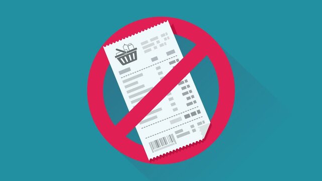 Appearance of a crossed out red circular prohibition symbol on a sales receipt on blue background with long shadow in flat design style