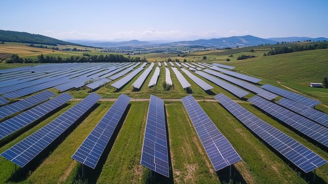 Solar panels arrayed across a rural landscape under a clear sky