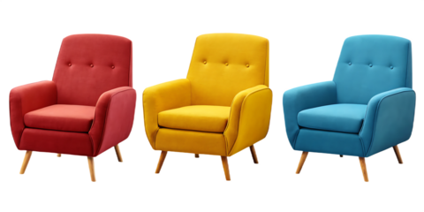 Red Yellow and Blue Armchairs Arranged on Background furniture interior isolated on a transparent background