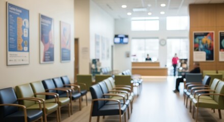 Bright, Blurred Hospital or Clinic Waiting Area with Reception and Seated Patients